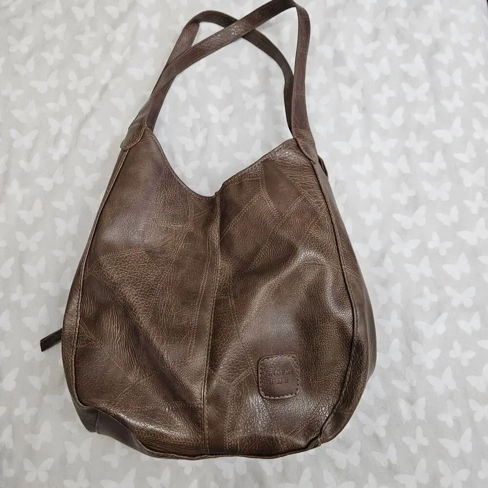 Jingpin Piju Brown Vegan Leather Patchwork Slouchy Hobo Shoulder Bag Boho Y2K